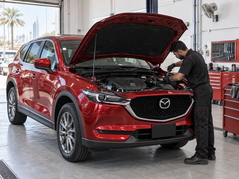 فني يعمل في حجرة محرك مازدا CX-5 حمراء في ورشة